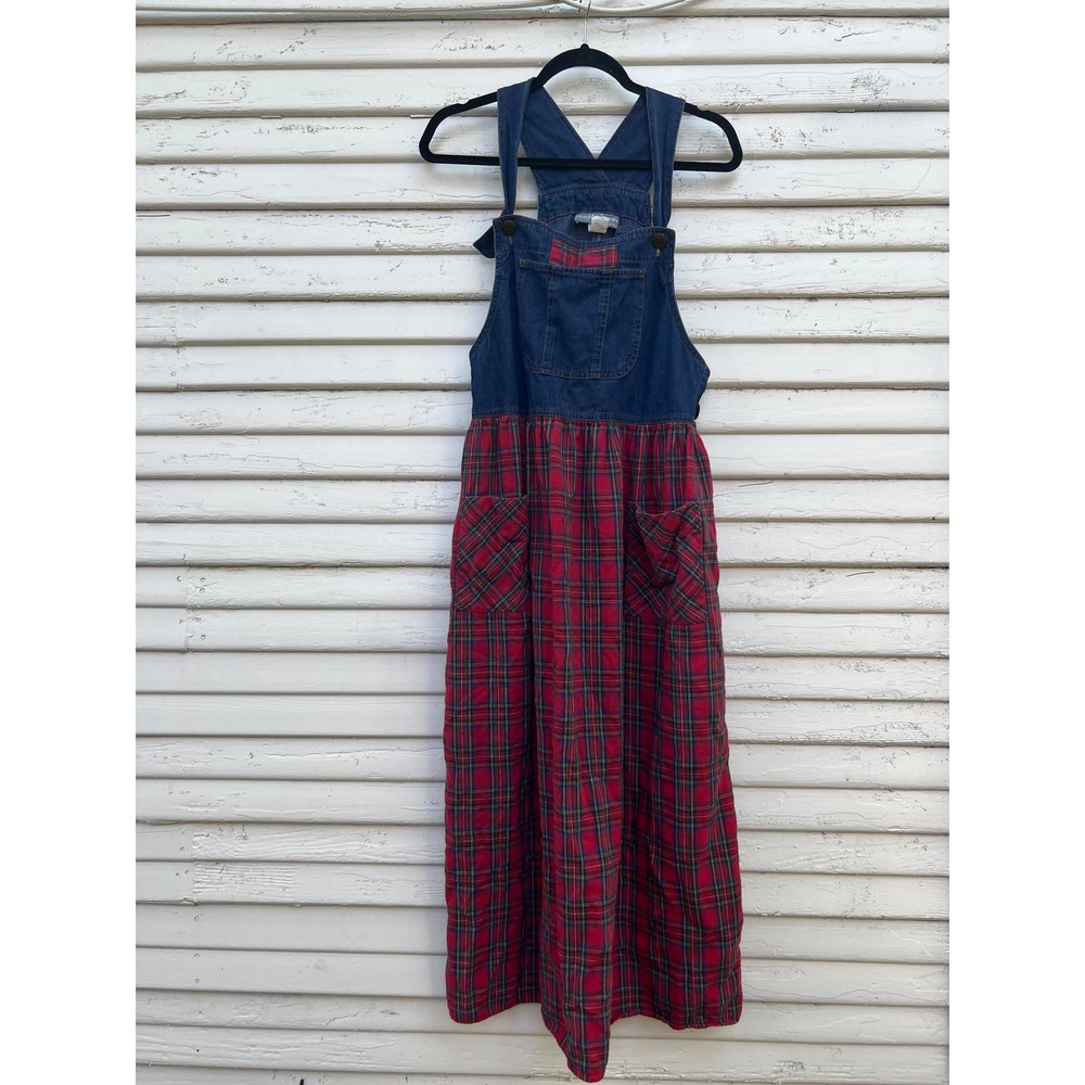 Vtg 90s Plaid Denim Overall Bib Dress Large